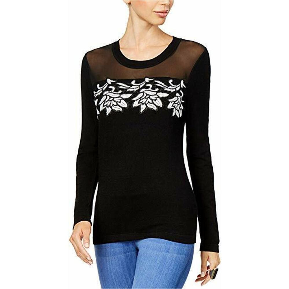 Thalia Sodi Women's Black Floral Embroidered "Salvador" Detail Sweater, Medium